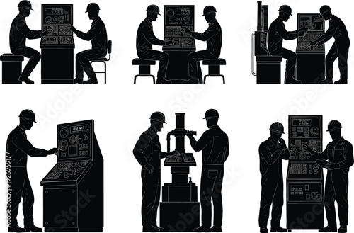 A set of six black silhouettes illustrating factory workers operating control panels and machinery, symbolizing industrial process monitoring and manufacturing labor.