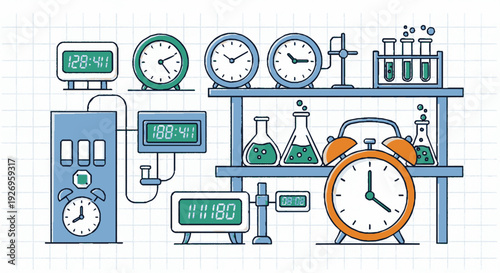 Illustration of laboratory equipment with clocks and chemical flasks on shelves for time and science concepts