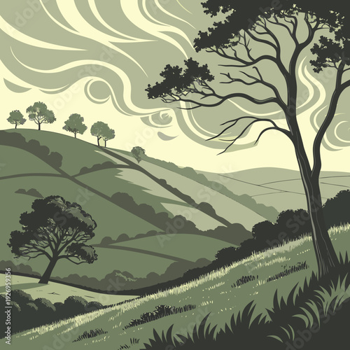 Stylized illustration of rolling green hills and a large, silhouetted tree against a dramatic, swirled sky.