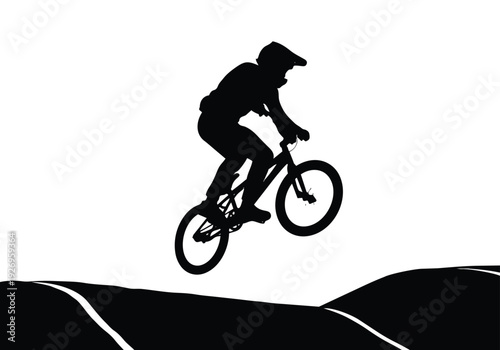 BMX rider silhouette illustration. Dynamic person on a bicycle jumping over a ramp. Extreme sport and active lifestyle concept.