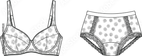 WebLingerie Vector Technical Sketch Featuring Daisy Floral Print Underwire Bra and Matching Lace Trim High Waisted Panty Underwear Set Illustration.