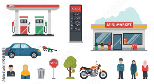Gas station scene with car, motorcycle, and people near the mini market.