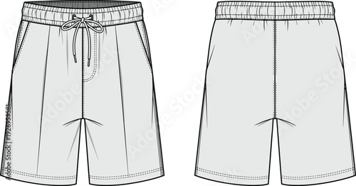 WebMen casual athletic drawstring shorts fashion technical sketch, elastic waist sports trunks vector flat, front and back view apparel template