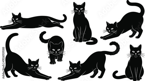 Black cat silhouette poses collection, playful and sitting feline set isolated on white background vector illustration
