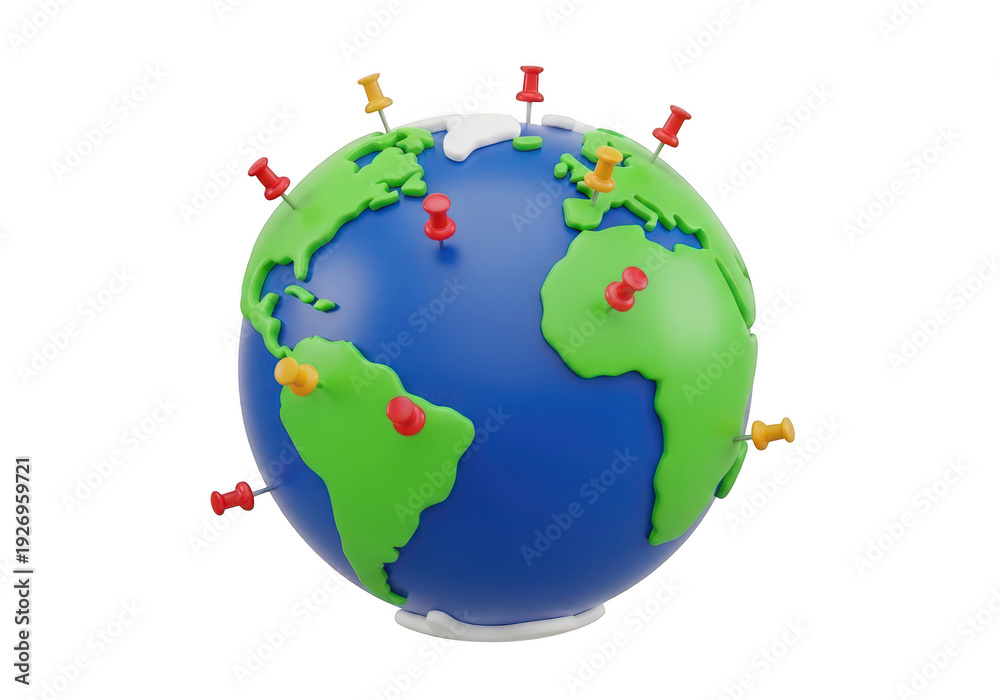 Naklejka premium Globe earth sphere with location pins marks around 3d cartoon style