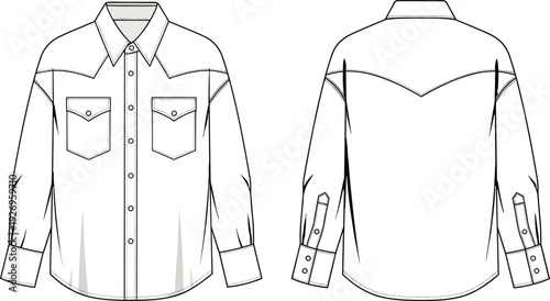 WebMen Long Sleeve Western Denim Shirt Vector Technical Fashion Flat Sketch With Pointed Yoke And Flap Pockets Apparel Design Template