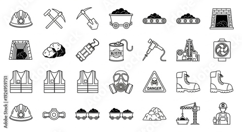 Mining equipment and safety gear illustration, black and white, industry concept.