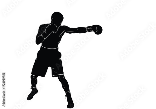 Boxer silhouette vector illustration. Male athlete in boxing gloves throwing a powerful punch. Combat sport, strength, and fitness concept.