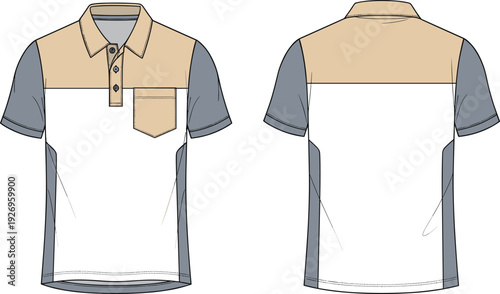WebMen short sleeve color block polo shirt fashion technical sketch, contrast pocket pique golf top vector flat, front back view