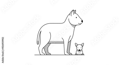 Simple line drawing of a dog and a small puppy standing together.