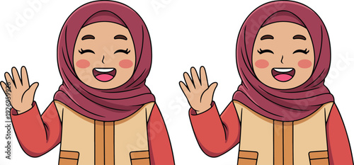 A cartoon illustration of a young woman wearing a burgundy hijab and a beige long-sleeved top.