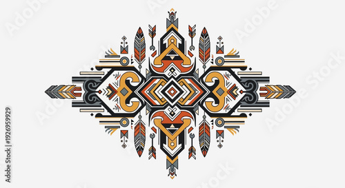 Traditional ethnic symmetrical pattern with vibrant colors and geometric shapes.