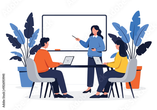 Illustration of business presentation in a modern office with plants, where a woman is explaining something on a whiteboard to two colleagues