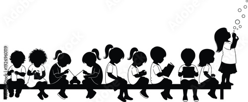 Children silhouette collection, kids sitting and reading playing on bench isolated on white background vector illustration design
