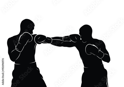 Boxing match illustration. Two male boxers in silhouette engaged in combat. Sport, competition, and strength concept.