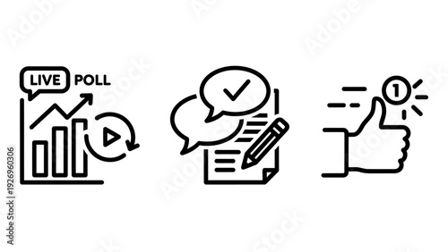 Icons representing a live poll with increasing graph, feedback with chat bubbles and a checkmark, and social media approval with a thumbs up.