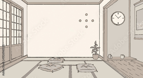Minimalist room interior with two books lying on the floor near a plant and clock on the wall
