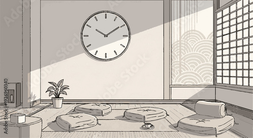 Modern minimalist living room with clock on wall sunlight through window cozy floor cushions and potted plant