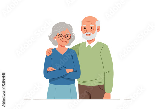 Illustration of elderly couple standing together, woman with arms crossed, man with arm around her shoulder