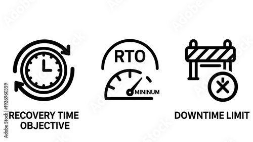 Icons related to disaster recovery: a circular arrow clock for RTO, a speedometer for minimum downtime, and a barrier for downtime limit.