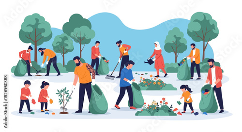Community members participating in a park cleanup event, collecting trash in bags, and tidying the green space