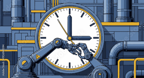 Robotic arms adjusting a large clock face in an industrial setting with pipes and metallic structures