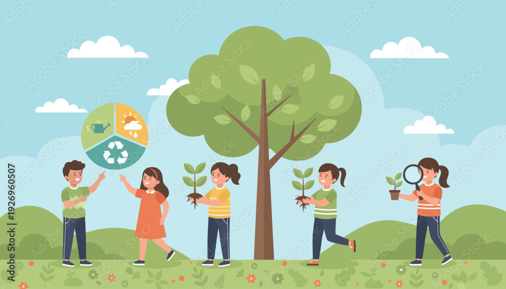 Obraz premium Children learning about nature and sustainability with a large tree and infographic