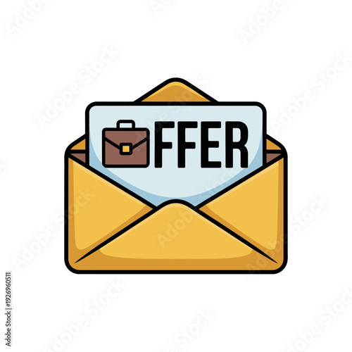 A vector graphic illustration of a yellow envelope with a job offer letter inside