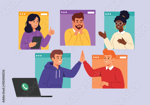 Illustration of diverse group of people having a video conference call, interacting and giving high fives, with a laptop in the foreground