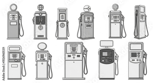 Vintage gas pumps in a row, a collection of retro fuel dispensers.