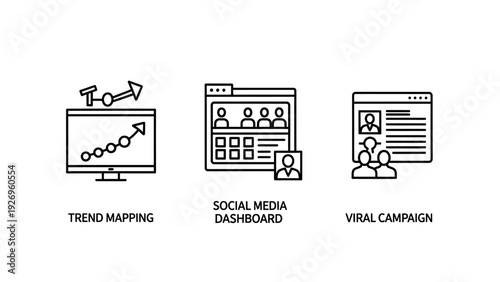 Social Media Marketing and Trend Mapping Dashboard Icons | Viral Campaign and Digital Analytics Symbols