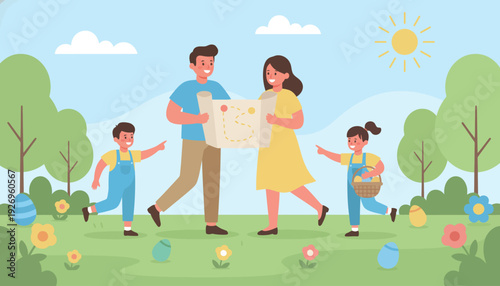 Joyful family adventure exploring the vibrant spring landscape for hidden surprises, celebrating togetherness with a playful search for colorful treats outdoors