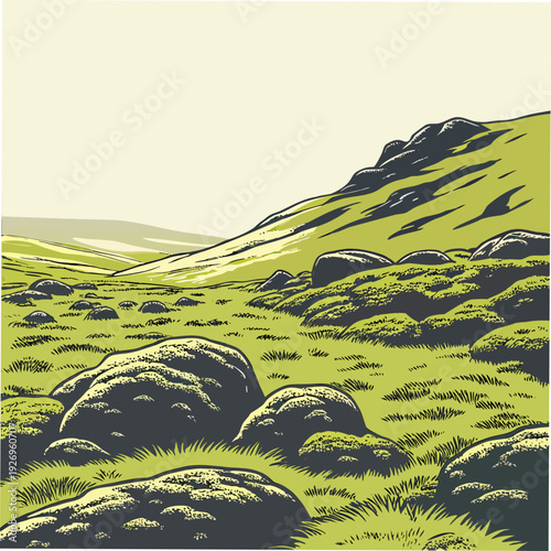Stylized illustration of a grassy hillside with scattered large boulders under a pale sky, evoking a sense of rugged nature and open space.