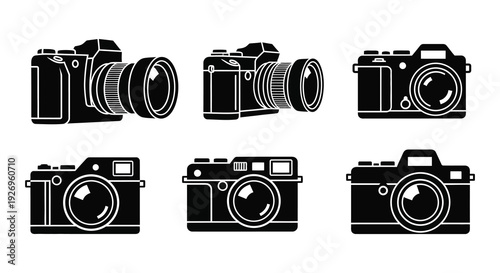 A collection of vintage camera designs presented in a striking black silhouette high quality professional detailed modern elegant stylish clean crisp