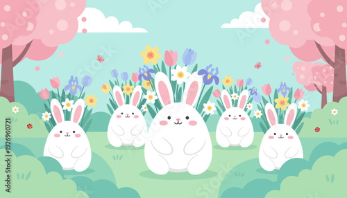 Adorable white bunnies frolic among vibrant spring blossoms in a whimsical flat cartoon landscape, celebrating new beginnings and natural beauty