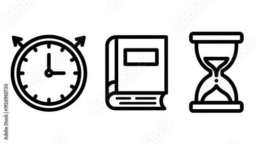 Time and education icons: clock with arrows for time, a book representing knowledge, and an hourglass symbolizing the passage of time or deadlines.