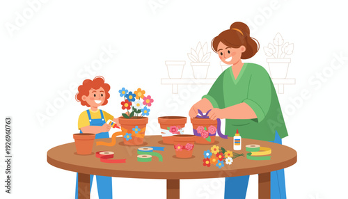Mother and child happily decorating flower pots together on a wooden table with colorful craft supplies and plants in the background