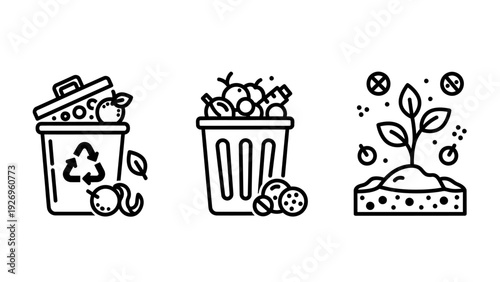 Environmental Waste Management, Recycling, and Healthy Soil Cultivation Icons in a Green Line Art Style