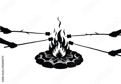 Campfire marshmallow roasting illustration. Hands holding sticks with marshmallows over a fire pit. Outdoor leisure and camping fun concept.