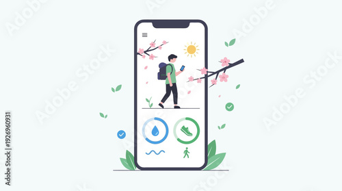 Digital wellness and outdoor activity tracking mobile app. Flat vector illustration of a person walking in nature, monitoring health and fitness progress on a smartphone