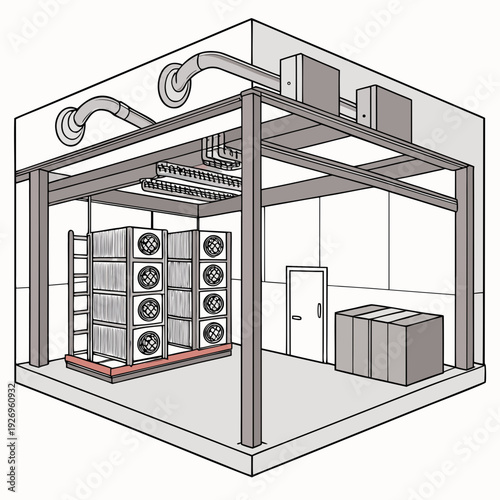 Isometric view of a commercial refrigeration or industrial cooling system with multiple fans, pipes, ladder, and storage boxes. Technical illustration for cold storage and climate control.