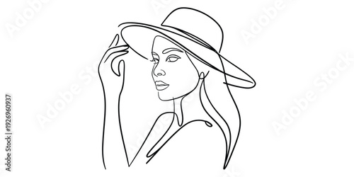 Elegant minimalist continuous line art of woman wearing a sun hat