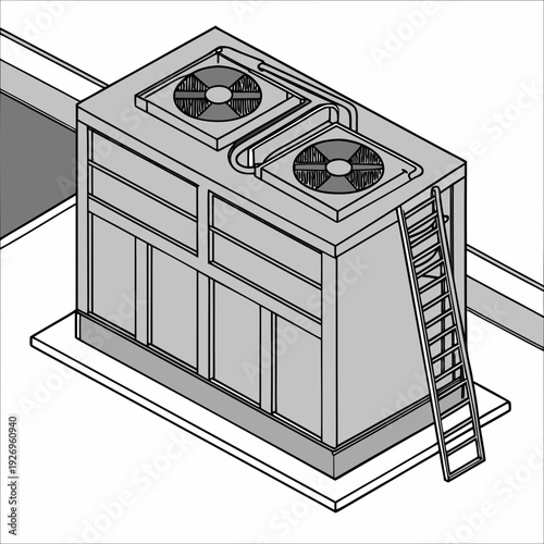 Isometric illustration of a large rooftop HVAC unit with two fans, ladder, and control panel. Modern industrial design for air conditioning and ventilation systems.
