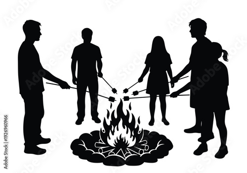 Campfire roasting marshmallows silhouette. Group of people enjoying outdoor summer fun and bonding.