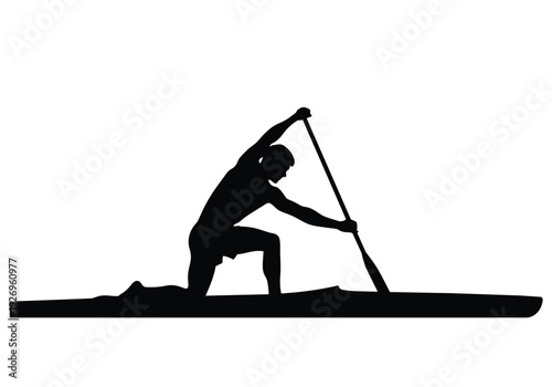 Silhouette of a person paddling a canoe. Man, paddle, boat, and water. Sports, recreation, and outdoor activity concept.