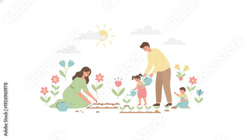 Family planting seeds and watering plants together in a garden, a joyful moment of bonding and nature appreciation