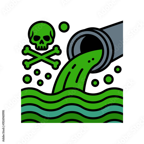 A vector graphic illustration of a toxic waste pipe pouring green sludge into a body of water with a skull and crossbones symbol nearby