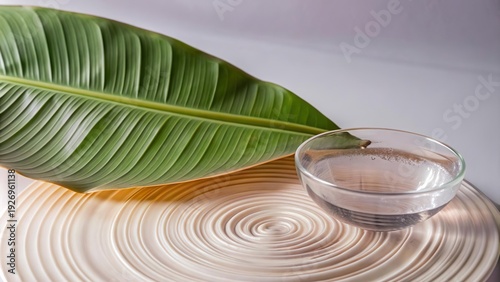 Elegant Banana Leaves and Glass Ripple on a White Background Showcasing Nature's Beauty and Simplicity