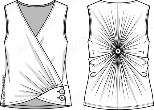 WebSleeveless V-Neck Wrap Top Vector Illustration with Pleated Side Button Detail and Sunburst Gathered Back Design for Fashion Technical Sketch