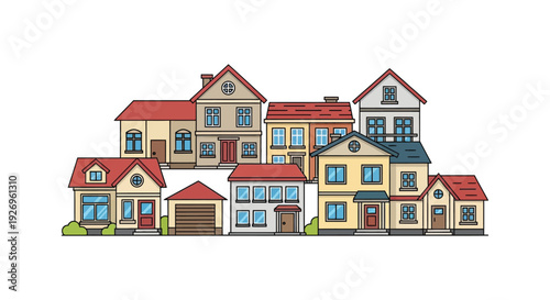 A colorful collection of quaint houses and buildings forms a charming street scene depicted as a silhouette high quality professional detailed